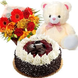 12 Mix Flowers Bunch with Cake n Teddy